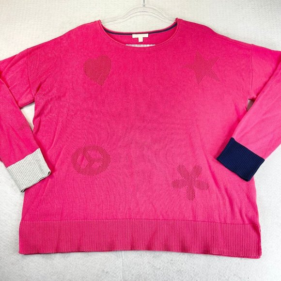 LISA TODD Womens L Pink Good Vibrations Stars Heart Pullover Sweater Color Cuffs - Picture 2 of 10